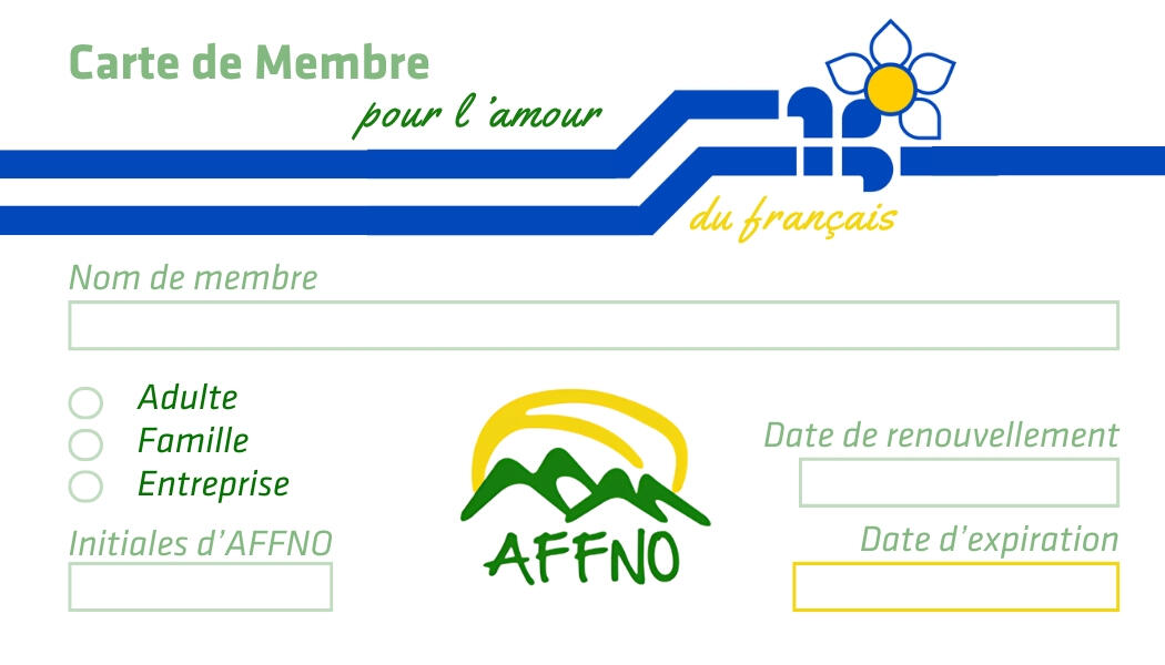 This is a 2024 design of AFFNO's Membership Card featuring BC's own francophone imagery. The card is in French Canadian.