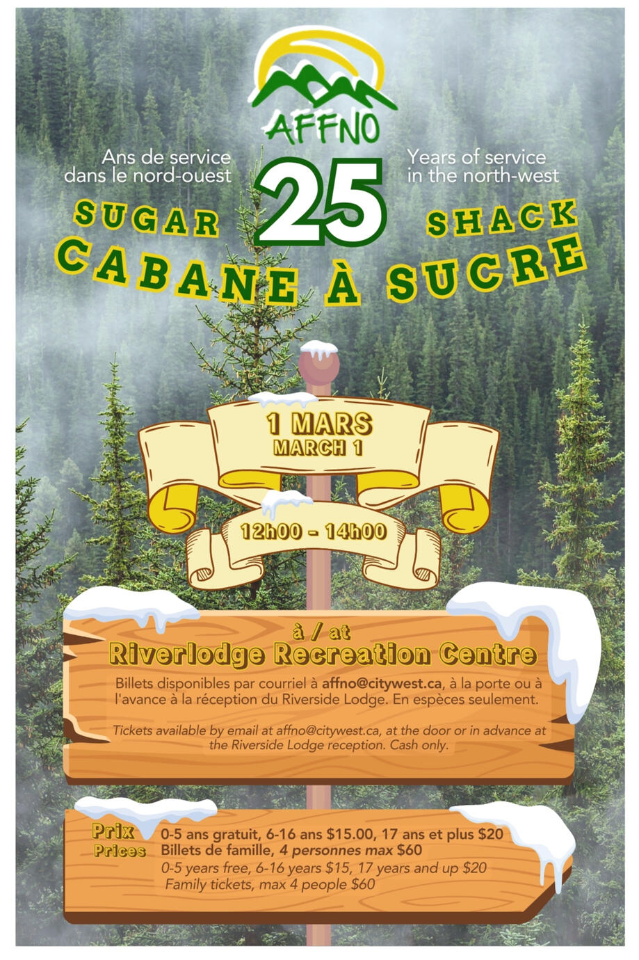 The AFFNO logo in full colour with white shadow. Cloudy and foggy treescape in the background, with "Ans de service dans le nord-ouest" and "Years of service in the north-west" are both in white font with a large "25" between the English and French.