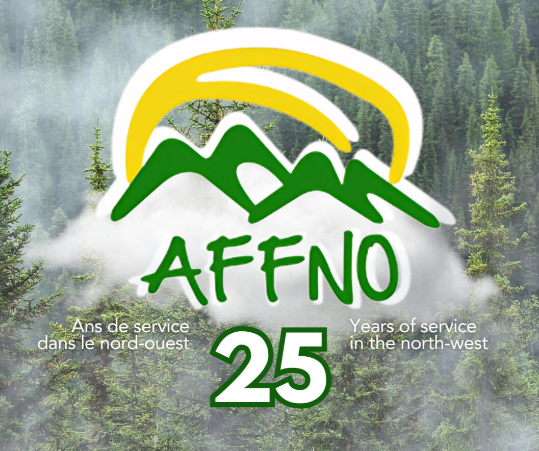 The AFFNO logo in full colour with white shadow. Cloudy and foggy treescape in the background, with "Ans de service dans le nord-ouest" and "Years of service in the north-west" are both in white font with a large "25" between the English and French.